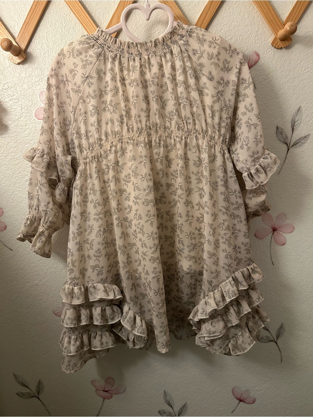 Girls Cream Floral Ruffle Tunic Dress